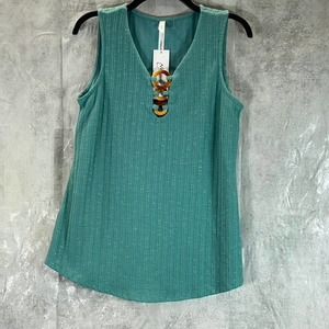 NY Collection Women's Petite Teal V-Neck Triple-Ring Sleeveless Ribbed Top SZP/S